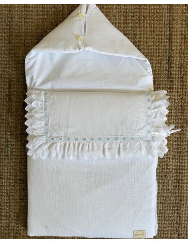 Saco de Capazo/Mini Cuna Gasa Picos Raso Celeste