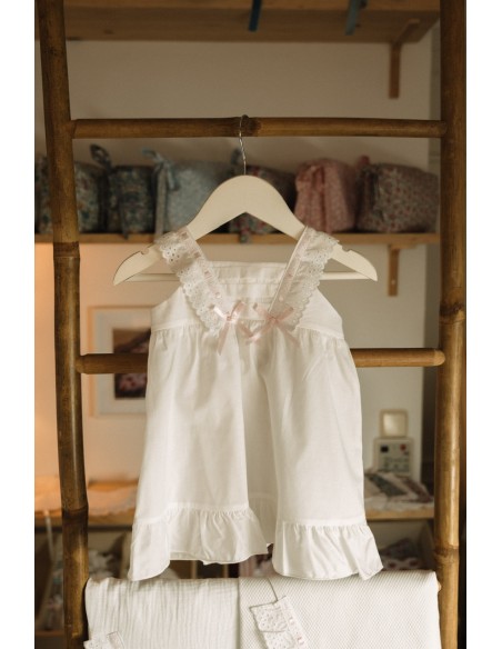 Camisón Tira Bordada Perforada Lazo Rosa